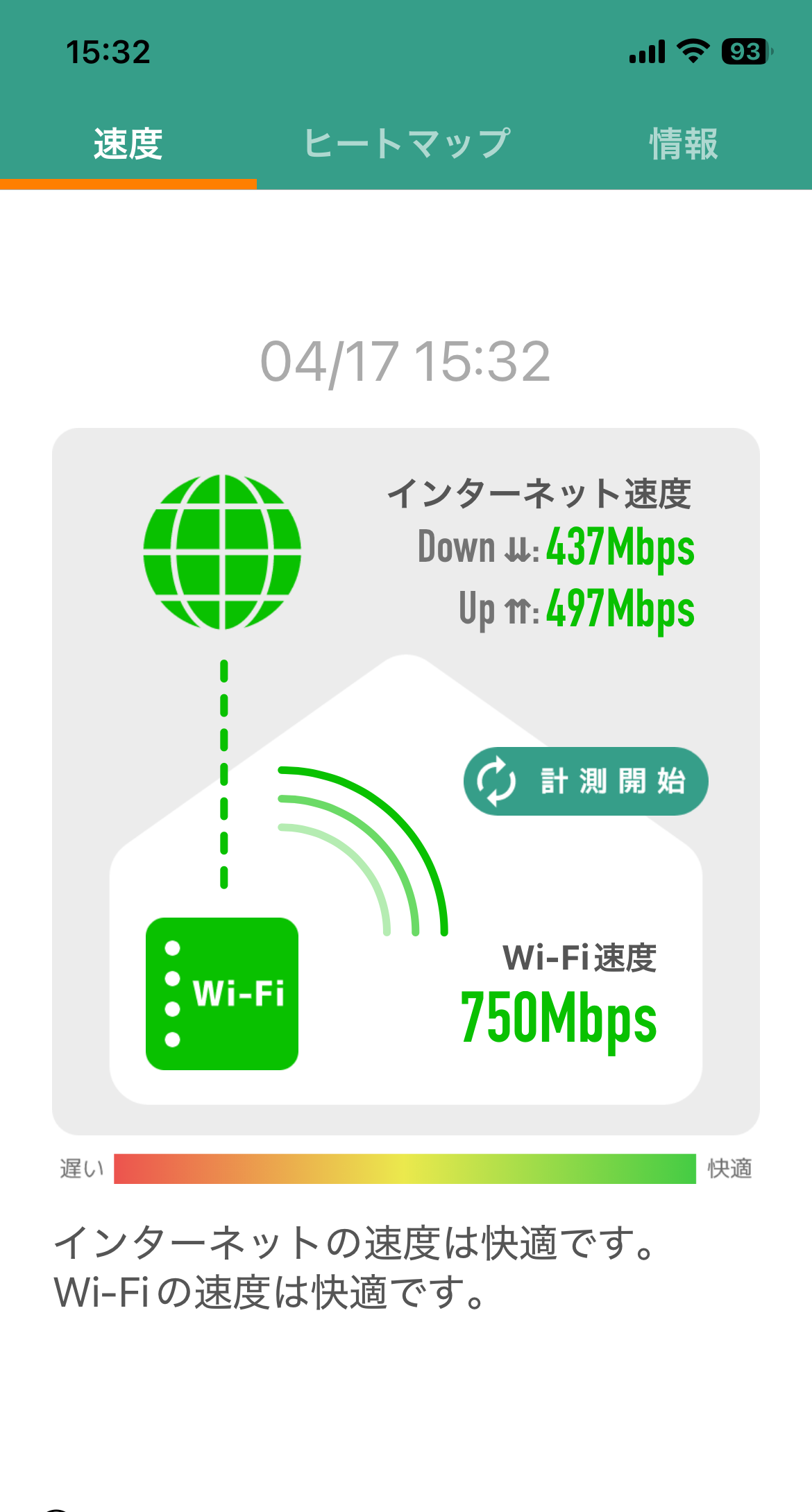 eo光1ギガプランの速度測定結果：Wi-Fi750Mbps / インターネット437Mbps
